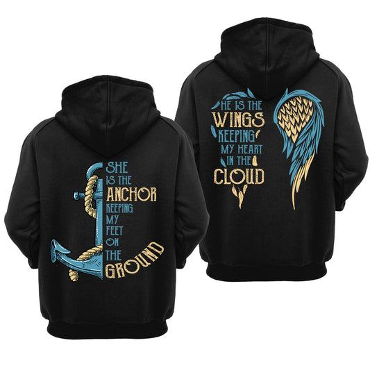 King Queen He is The Wings Keep My Heart in The Cloud Valentine Gift Couple Matching Hoodie