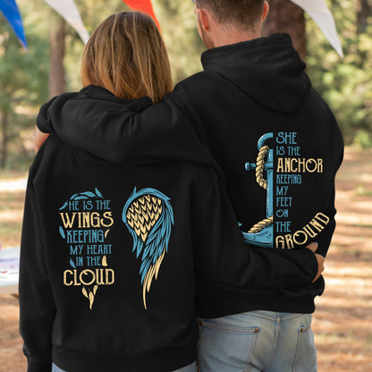 King Queen He is The Wings Keep My Heart in The Cloud Valentine Gift Couple Matching Hoodie