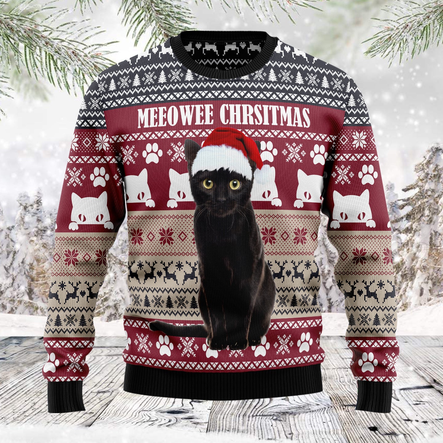 Meeowee Christmas TG5128 - Ugly Christmas Sweater unisex womens & mens, couples matching, friends, cat lover, funny family sweater gifts (plus size available)