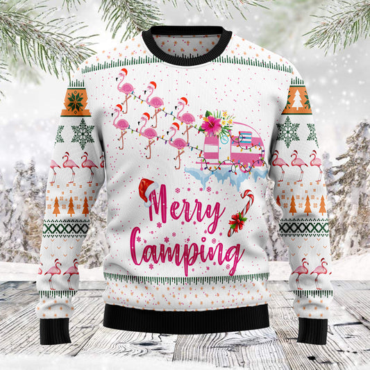 Merry Camping Flamingo TG5128 - Ugly Christmas Sweater unisex womens & mens, couples matching, friends, flamingo lover, funny family sweater gifts (plus size available)