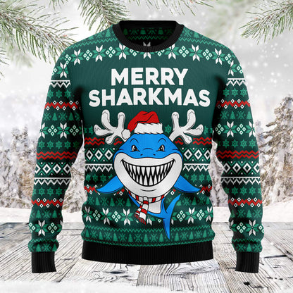 Merry Sharkmas TG5121 unisex womens & mens, couples matching, friends, shark lover, funny family ugly christmas holiday sweater gifts (plus size available)