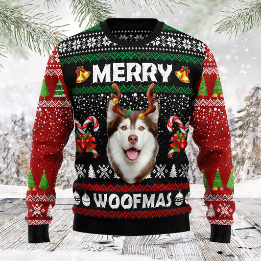 Merry Woofmas Husky TG51127 unisex womens & mens, couples matching, friends, dog lover, funny family ugly christmas holiday sweater gifts (plus size available)