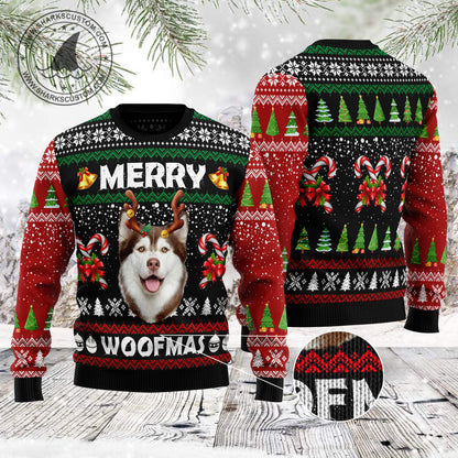 Merry Woofmas Husky TG51127 unisex womens & mens, couples matching, friends, dog lover, funny family ugly christmas holiday sweater gifts (plus size available)