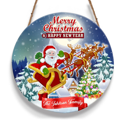 Merry Christmas Santa's Reindeer Sleigh Ride Custom Family Name Personalizedwitch Personalized Round Wood Sign Outdoor Decor