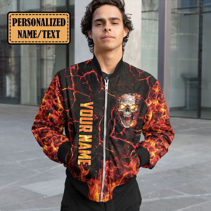 Lava Mad Fire Skull Personalized Custom Name Bomber Jacket