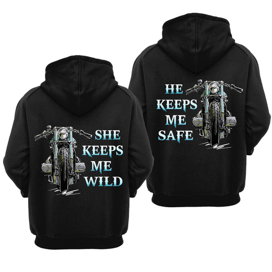 Motorcycle She Keeps Me Wild Blue Sky Valentine Gift Couple Matching Hoodie