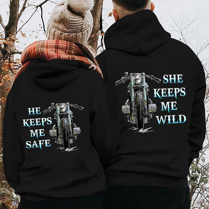 Motorcycle She Keeps Me Wild Blue Sky Valentine Gift Couple Matching Hoodie