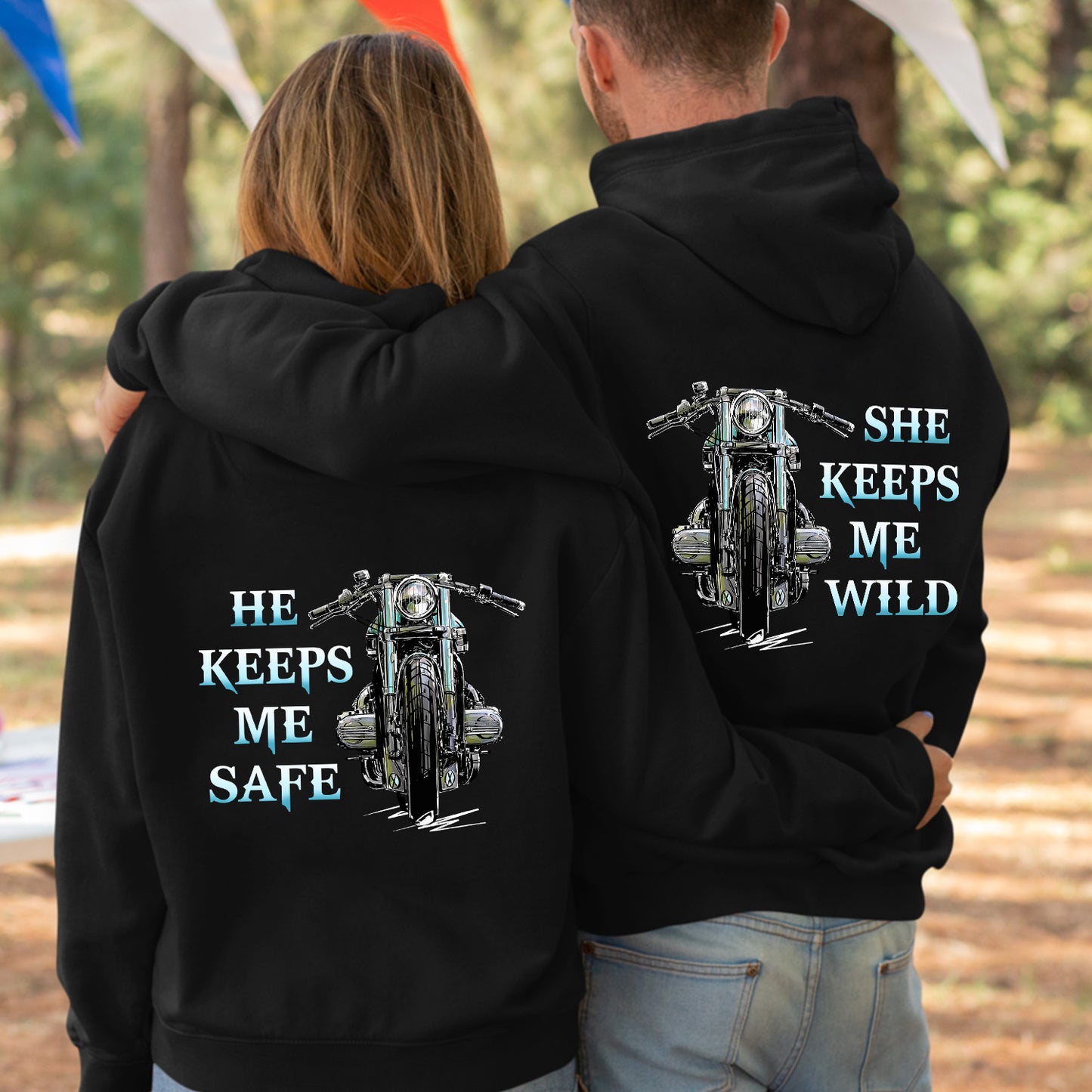 Motorcycle She Keeps Me Wild Blue Sky Valentine Gift Couple Matching Hoodie