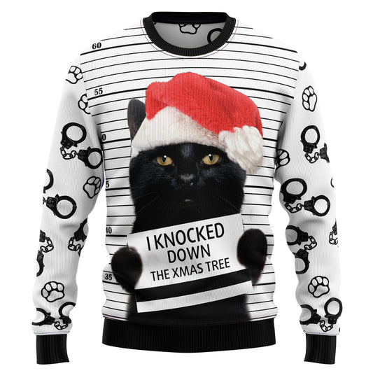 Black Cat Knocked Down Xmas Tree T1310 Ugly Christmas Sweater