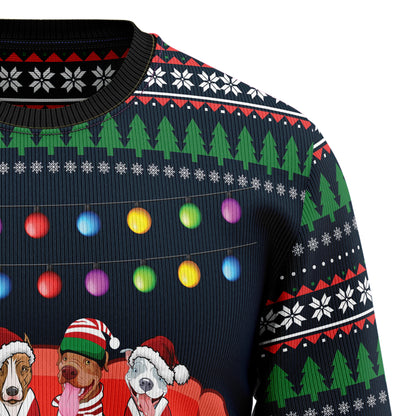 Pit Bull Friends On Red Sofa HZ102114 Ugly Christmas Sweater