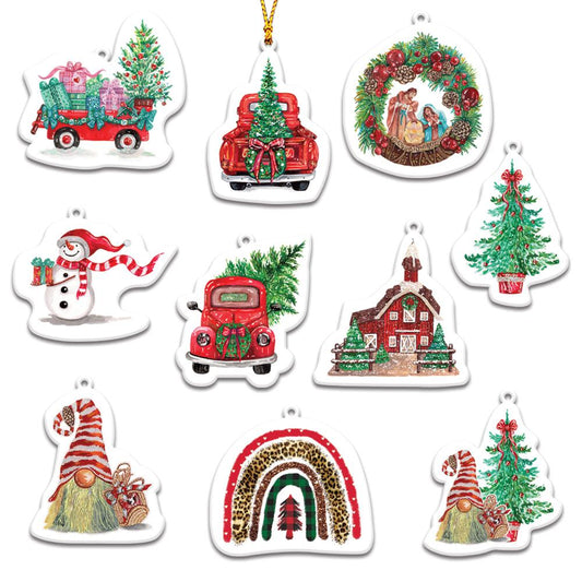 Red truck and Gnome Personalizedwitch Christmas Ornaments Set