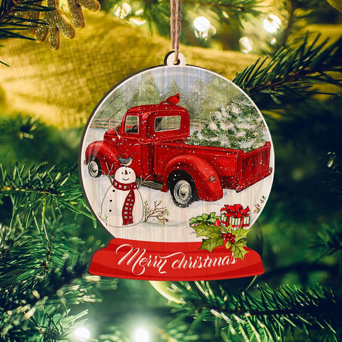 Red Truck Snow Globe Personalizedwitch Printed Wood Christmas Ornament