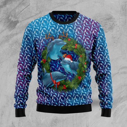 Santa Dolphin TG51126 unisex womens & mens, couples matching, friends, dolphin lover, funny family ugly christmas holiday sweater gifts (plus size available)