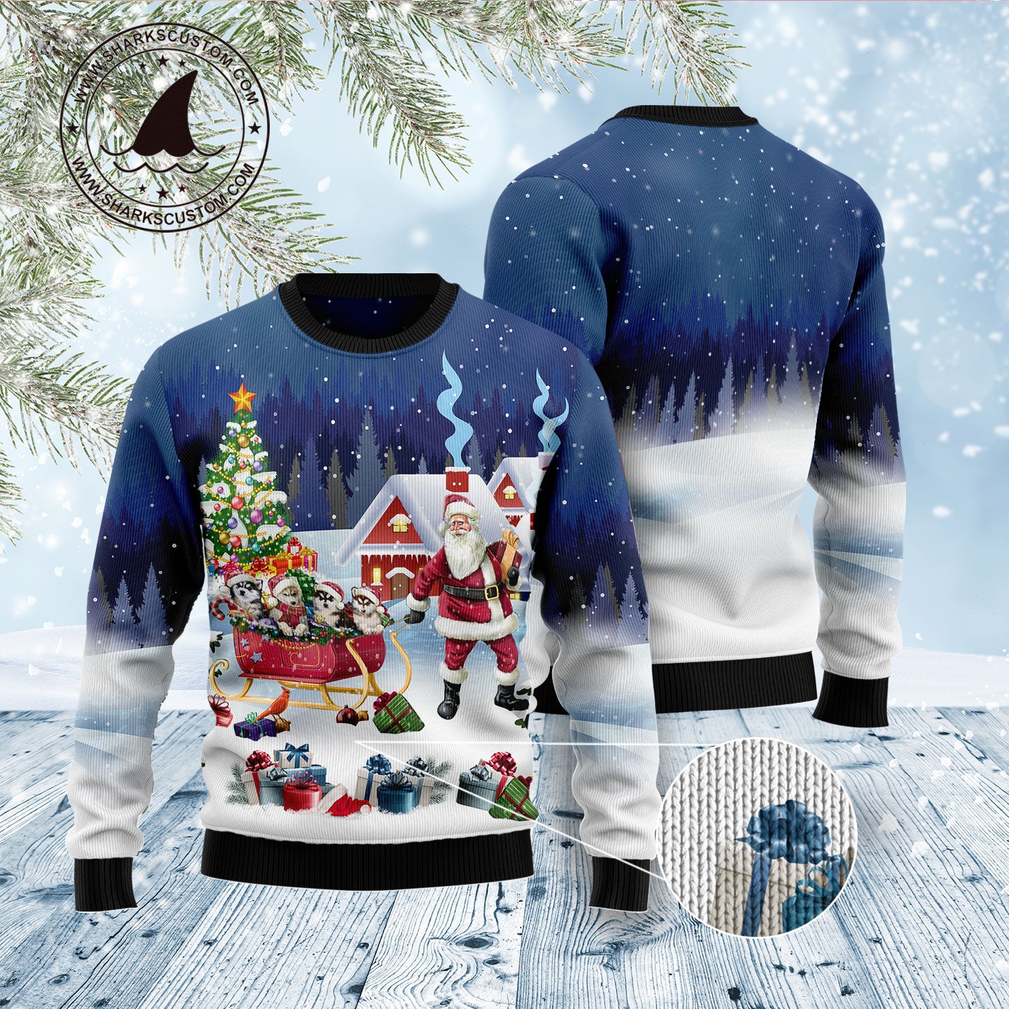 Siberian Husky Santa Sled D1311 Ugly Christmas Sweater