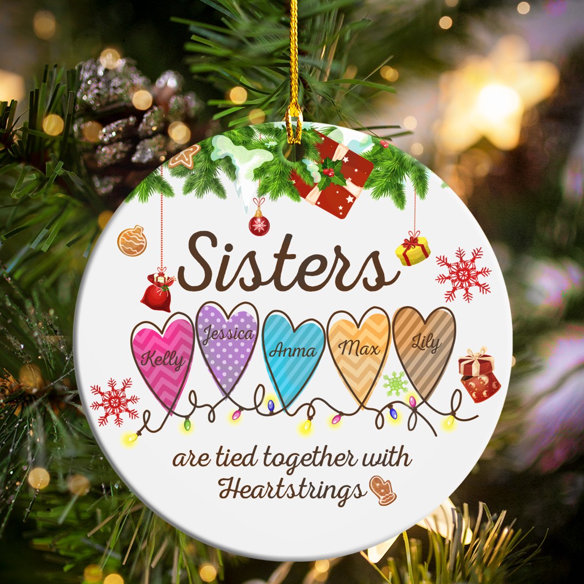 Custom Name Sisters Are Tied Together With Heartstrings Personalizedwitch Personalized Christmas Ornament