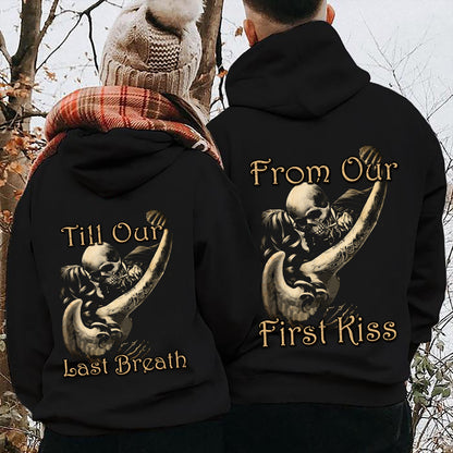 Skull Couple from Our First Kiss Till Our Last Breath Valentine Gift Couple Matching Hoodie