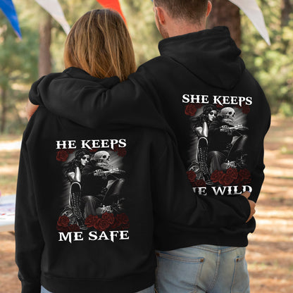 Motorcycle Skeleton Couple Ride Or Die She Keeps Me Wild Valentine Gift Couple Matching Hoodie