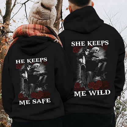 Motorcycle Skeleton Couple Ride Or Die She Keeps Me Wild Valentine Gift Couple Matching Hoodie