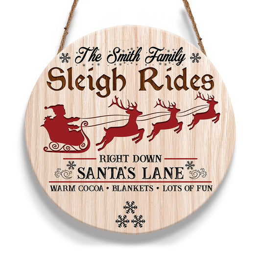 Santa Sleigh Rides Personalizedwitch Personalized Round Wood Sign Outdoor Decor