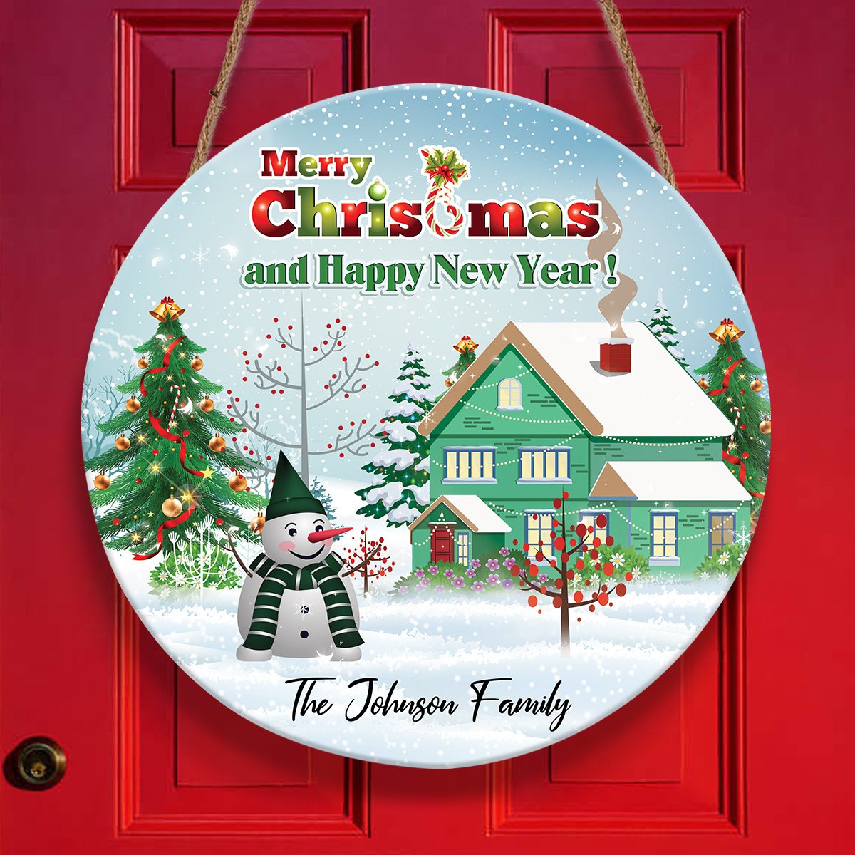 Merry Christmas Snowman And House Custom Family Name Personalizedwitch Personalized Round Wood Sign Outdoor Decor