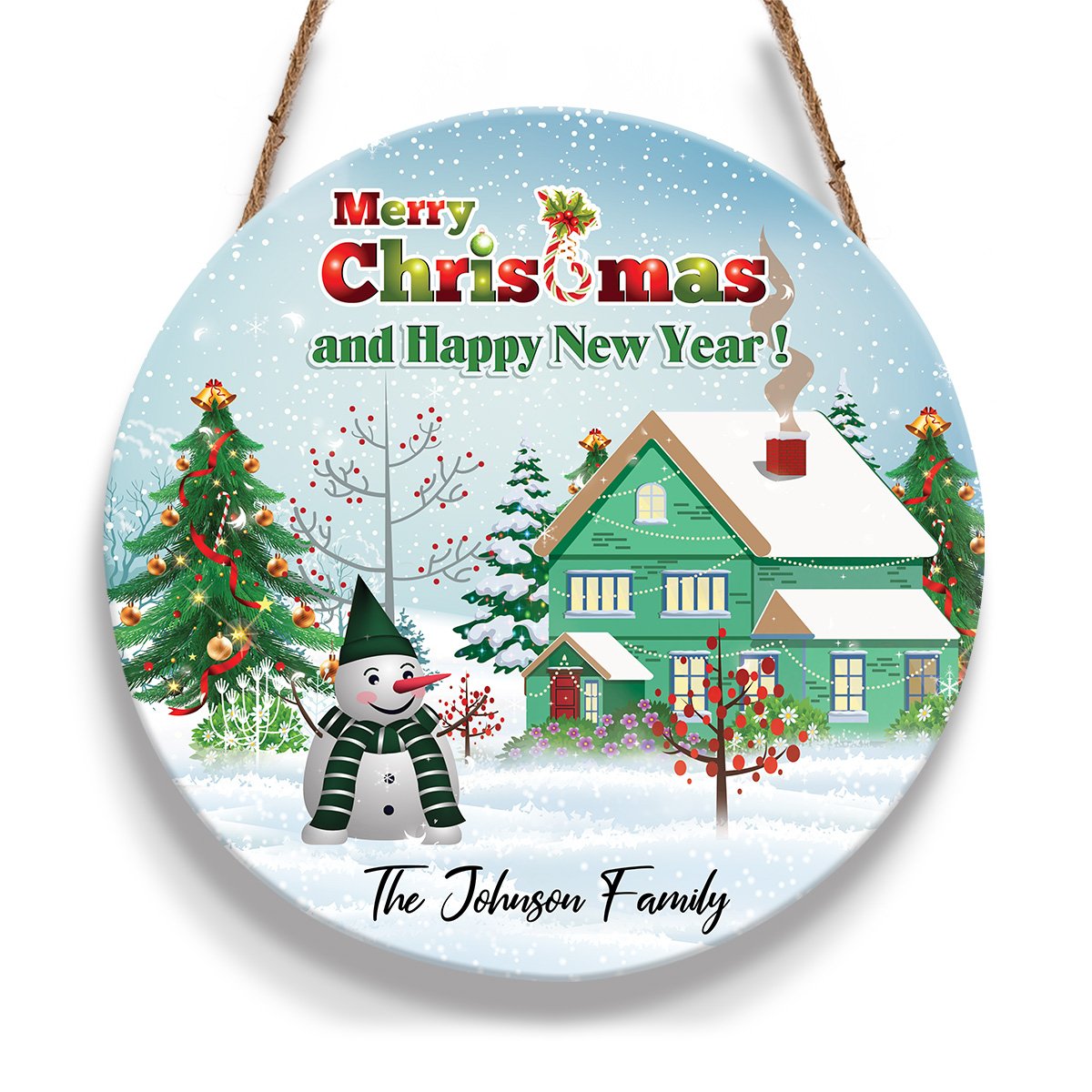 Merry Christmas Snowman And House Custom Family Name Personalizedwitch Personalized Round Wood Sign Outdoor Decor