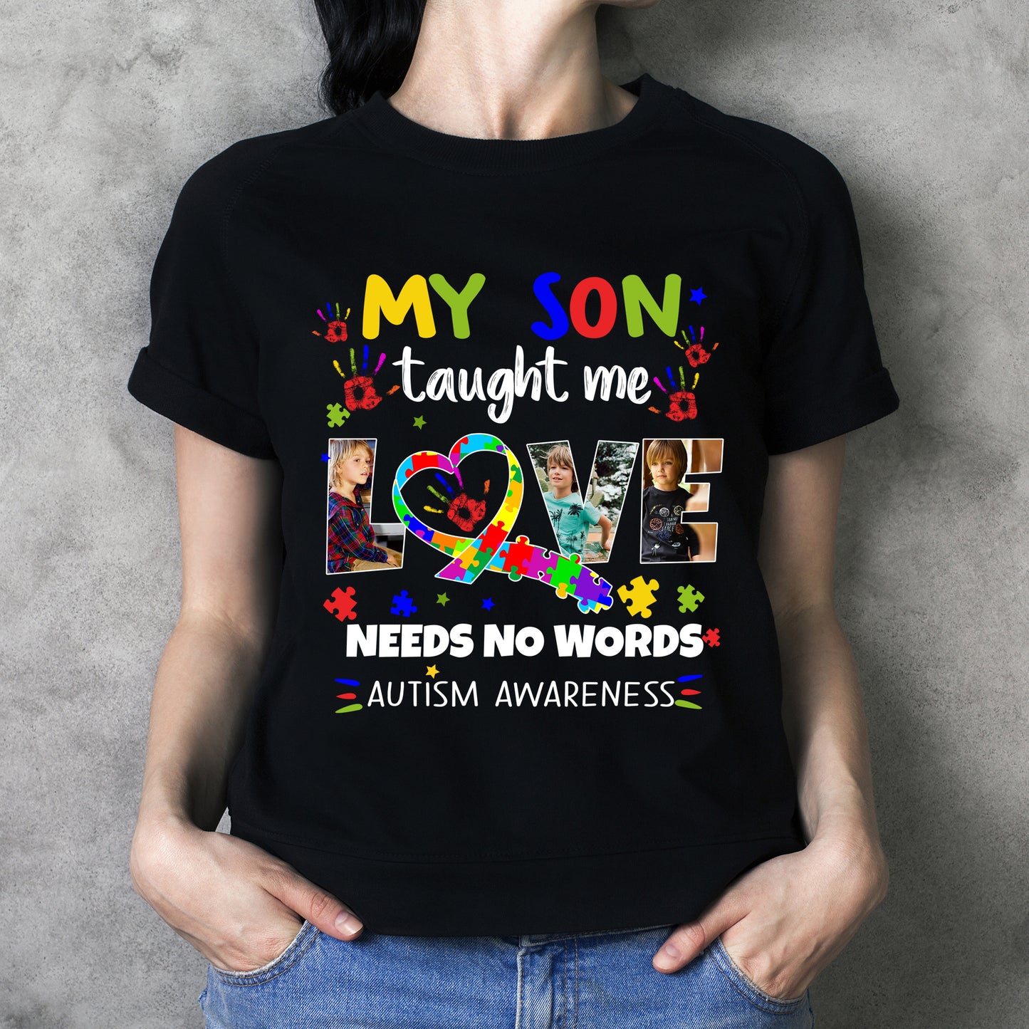 Custom personalized photo T shirts printing Mother's day gifts idea, pictures on tee, Christmas, birthday presents for mom - Autism Love Needs No Words - PersonalizedWitch