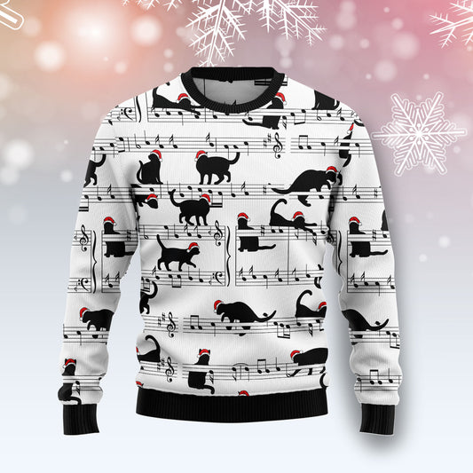 Black Cat Christmas Music Notes TG51125 unisex womens & mens, couples matching, friends, cat lover, cat momfunny family ugly christmas holiday sweater gifts (plus size available)