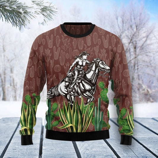 Cowgirl Cactus TY0412 unisex womens & mens, couples matching, friends, funny family ugly christmas holiday sweater gifts (plus size available)