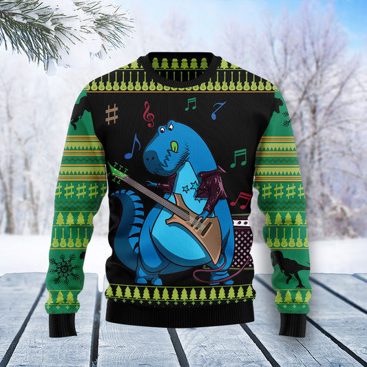 Dinosaur Guitar TY0912 unisex womens & mens, couples matching, friends, funny family ugly christmas holiday sweater gifts (plus size available)