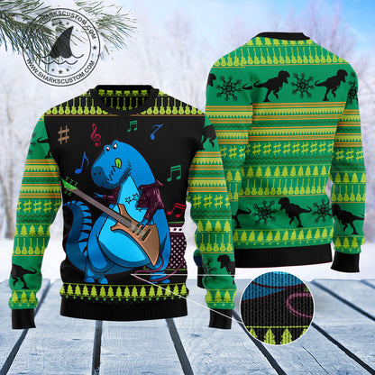 Dinosaur Guitar TY0912 unisex womens & mens, couples matching, friends, funny family ugly christmas holiday sweater gifts (plus size available)