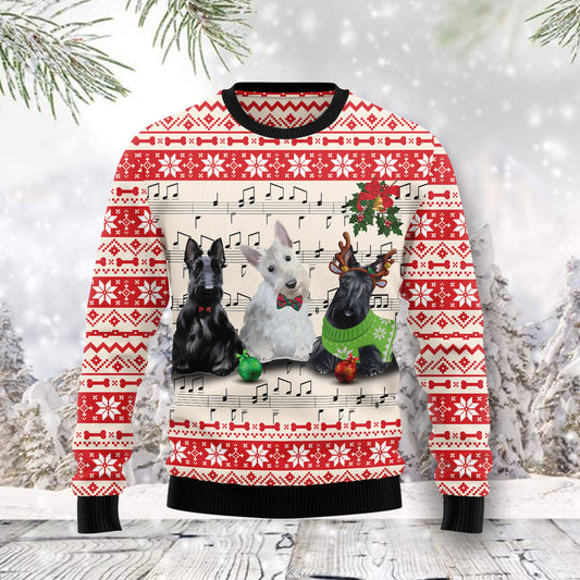 Scottish Terrier Music TY0212 unisex womens & mens, couples matching, friends, funny family ugly christmas holiday sweater gifts (plus size available)