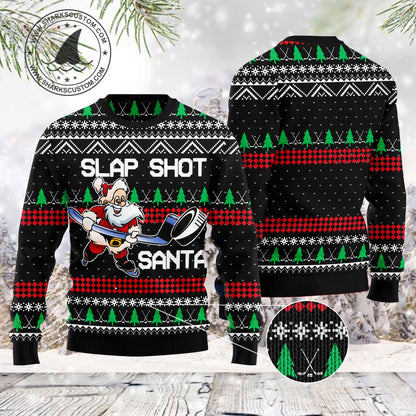Slap Shot Santa TY0812 unisex womens & mens, couples matching, friends, funny family ugly christmas holiday sweater gifts (plus size available)