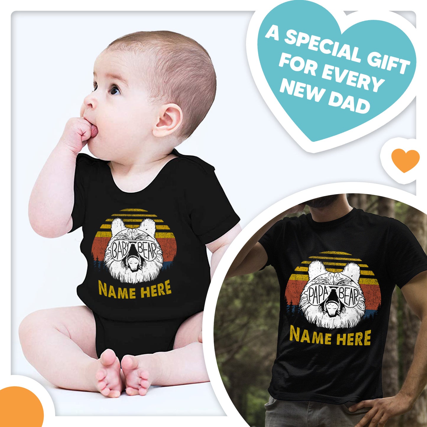 Happy Fathers Day New Dad Papa & Baby Bear Custom Matching Outfit