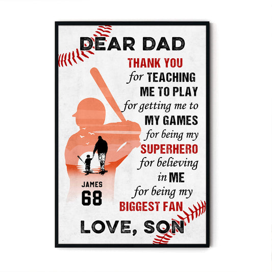 Dear Dad Thank You For Teaching Me Baseball Personalized Vertical Poster