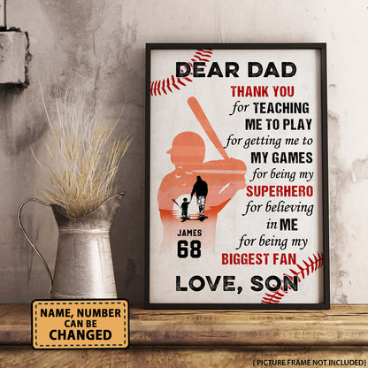 Dear Dad Thank You For Teaching Me Baseball Personalized Vertical Poster