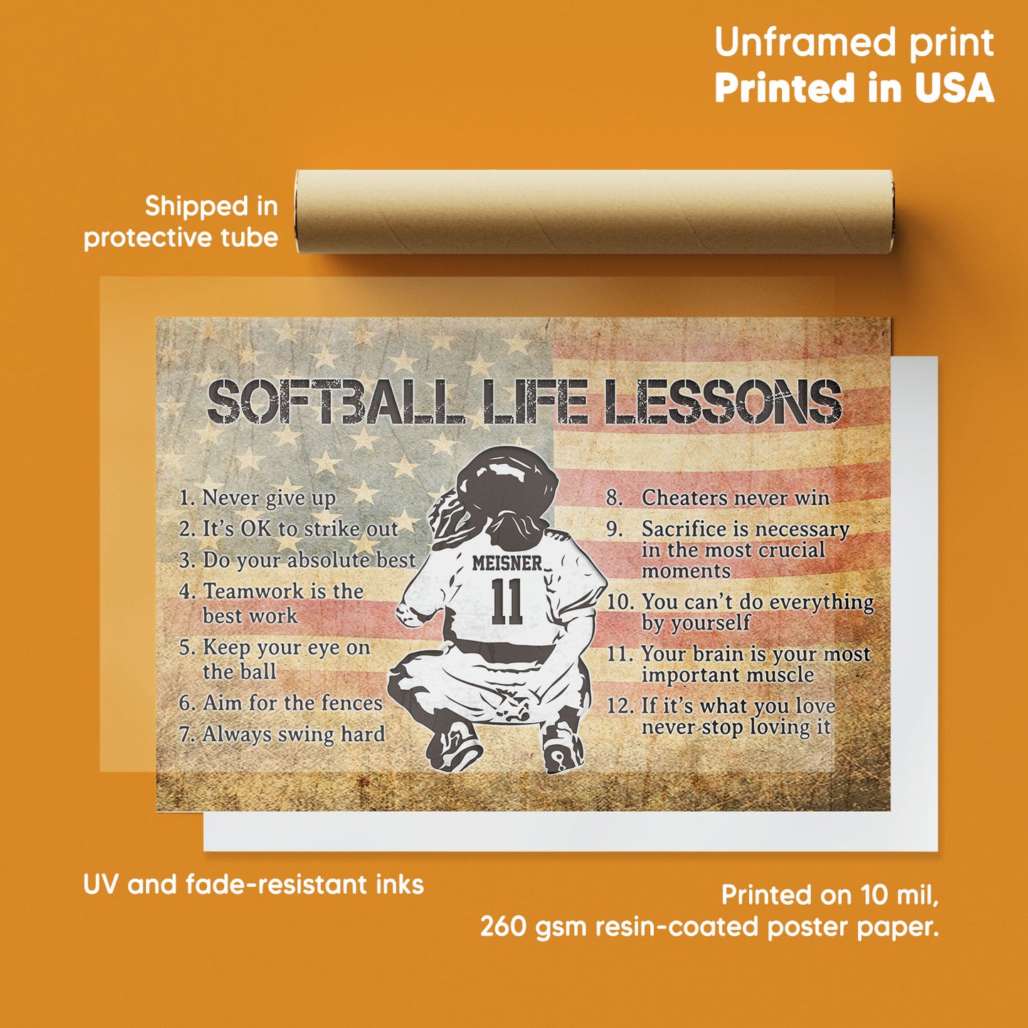 Softball Life Lessons Flag Us Personalized Poster