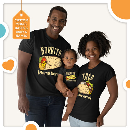 Personalized Burrito Taco Taquito New Parents Matching Family Shirts Set