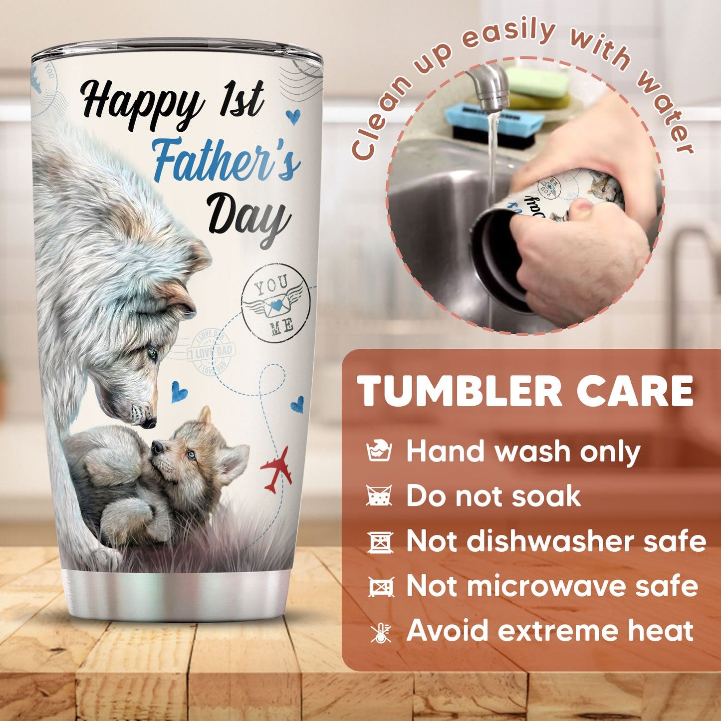 First Fathers Day Stainless Steel Wolf Tumbler 20oz With Lid