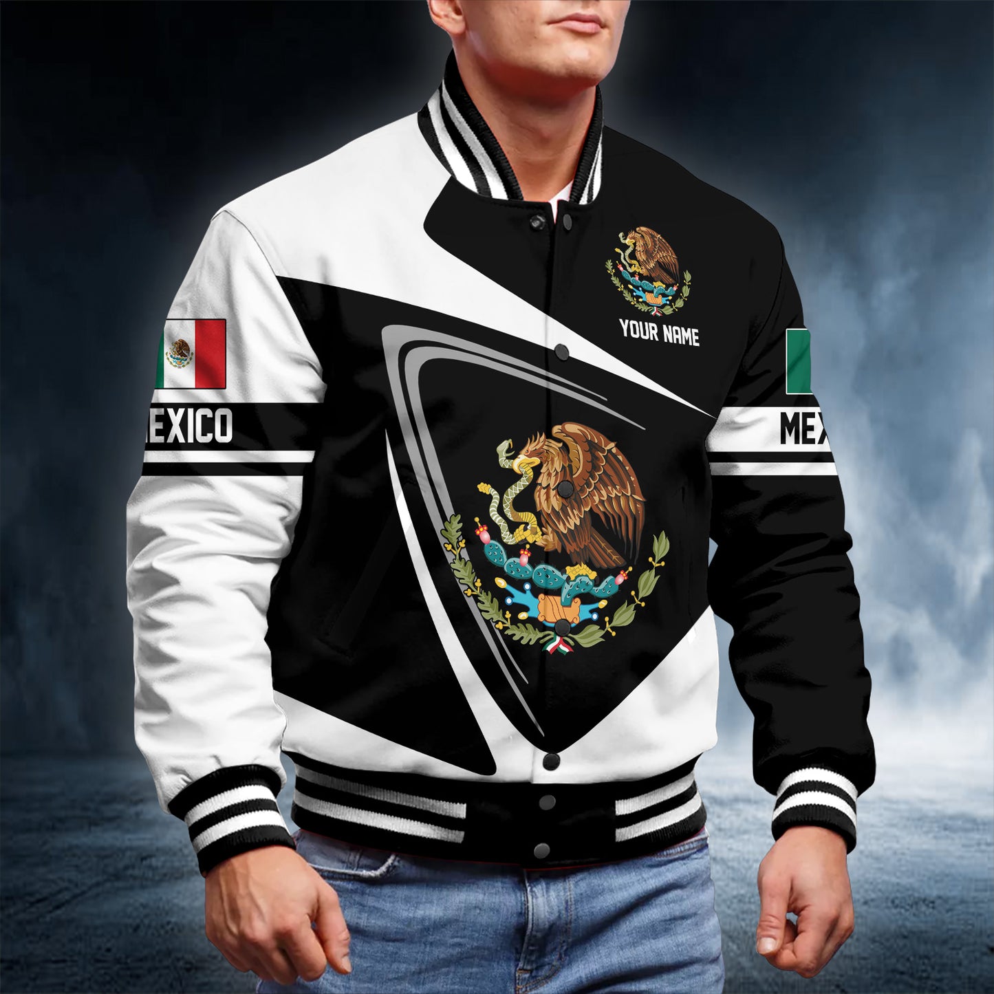 Custom Name Mexico Coat Of Arms All Over Print Baseball Jacket