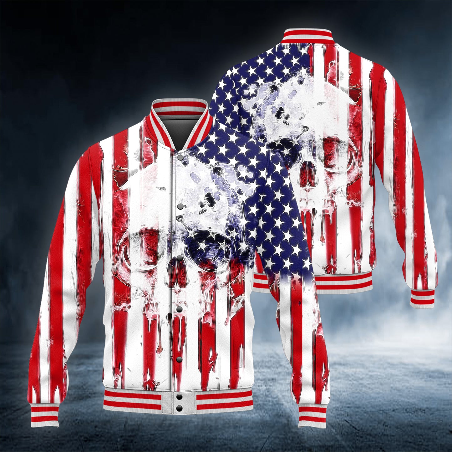 Skull USA Flag All Over Print Baseball Jacket