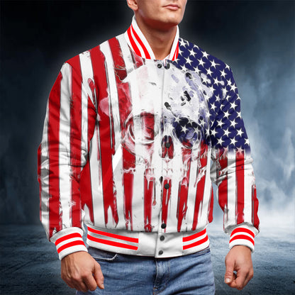 Skull USA Flag All Over Print Baseball Jacket