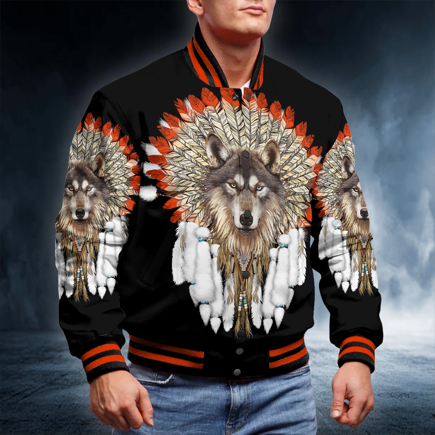 Wolf Native All Over Print Baseball Jacket