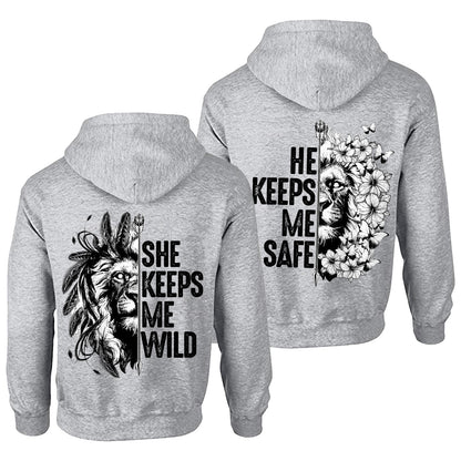 She Keeps Me Wild He Keeps Me Safe Lion Couple Hoodies Valentine Gift Couple Matching Hoodie