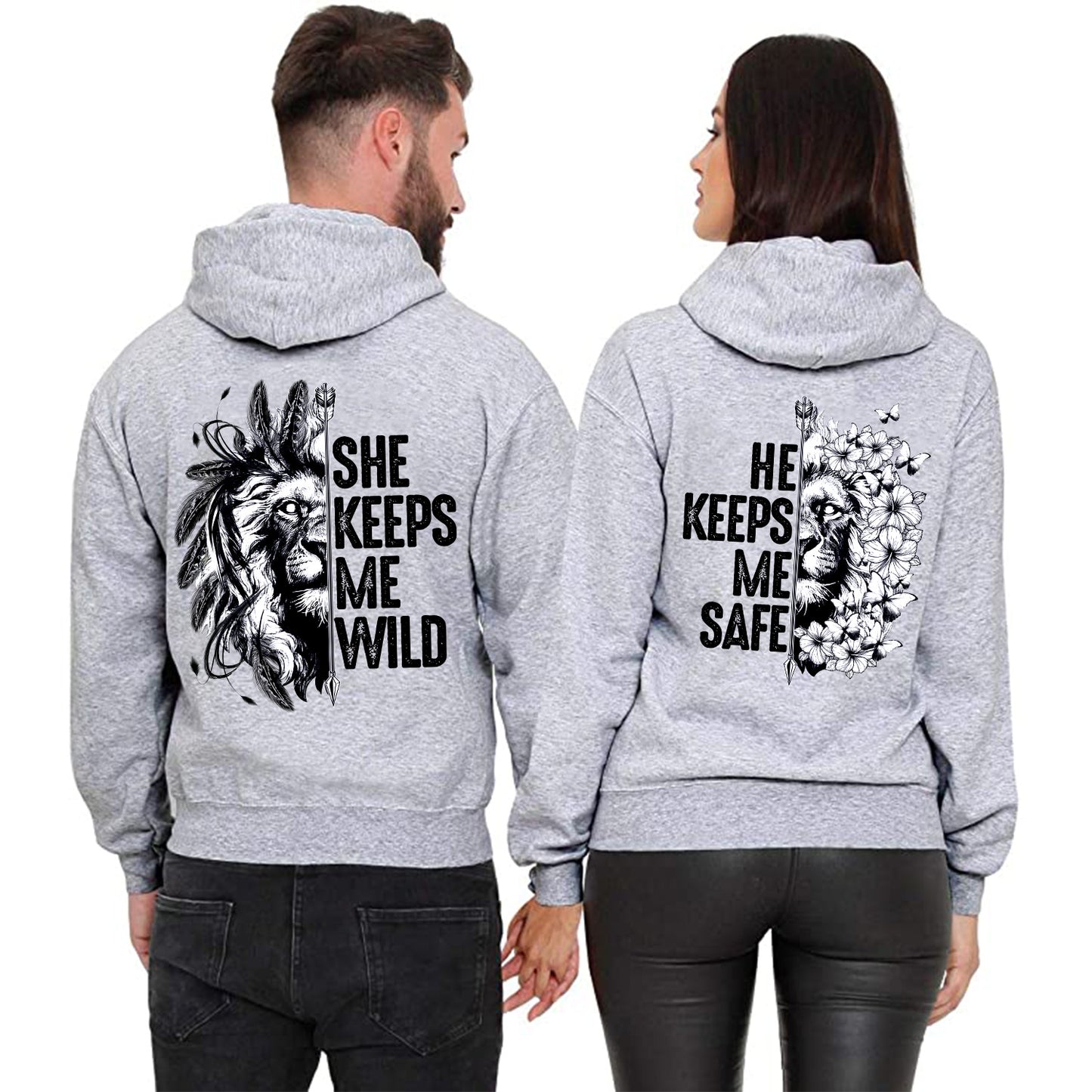 She Keeps Me Wild He Keeps Me Safe Lion Couple Hoodies Valentine Gift Couple Matching Hoodie