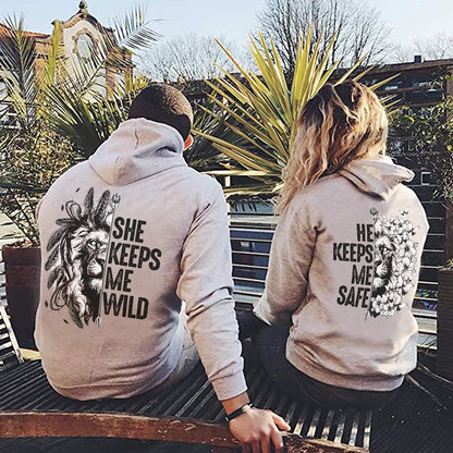 She Keeps Me Wild He Keeps Me Safe Lion Couple Hoodies Valentine Gift Couple Matching Hoodie