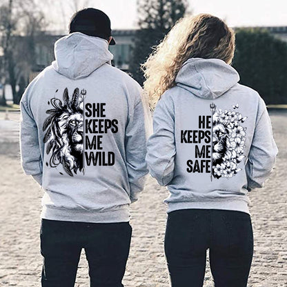 She Keeps Me Wild He Keeps Me Safe Lion Couple Hoodies Valentine Gift Couple Matching Hoodie