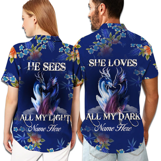 Custom Name Dragon Couple Hibiscus Blue Matching Hawaiian Shirt Personalizedwitch For Couple