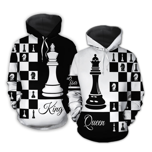 Queen And King Black And White Chess Hoodie Custom Name All Over Print Valentine Gift Couple Matching 3D Hoodie Personalizedwitch For Couple