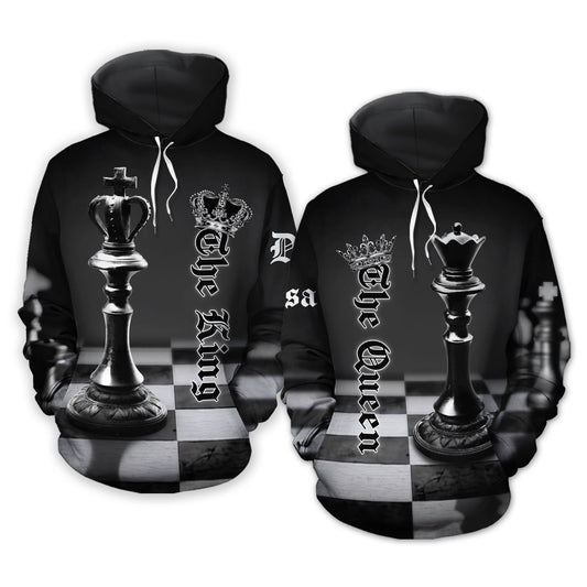 The King The Queen Chess Hoodie Custom Name All Over Print Valentine Gift Couple Matching 3D Hoodie Personalizedwitch For Couple