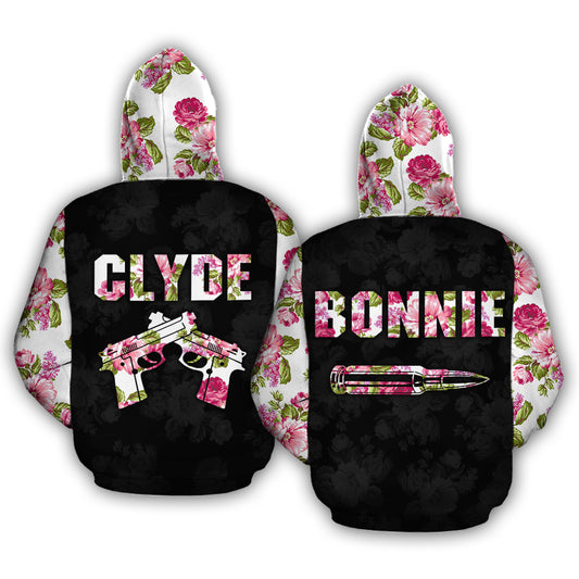 Bonnie and Clyde Crime Partners Flower All Over Print Valentine Gift Couple Matching 3D Hoodie